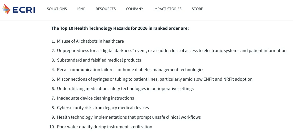 ECRI Top 10 Health Technology Hazards for 2026