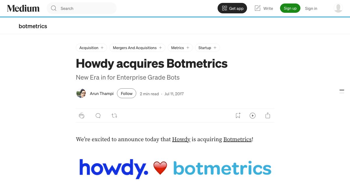 Medium: Howdy AI (XOXCO) makeers of BotKit acquires Botmetrics